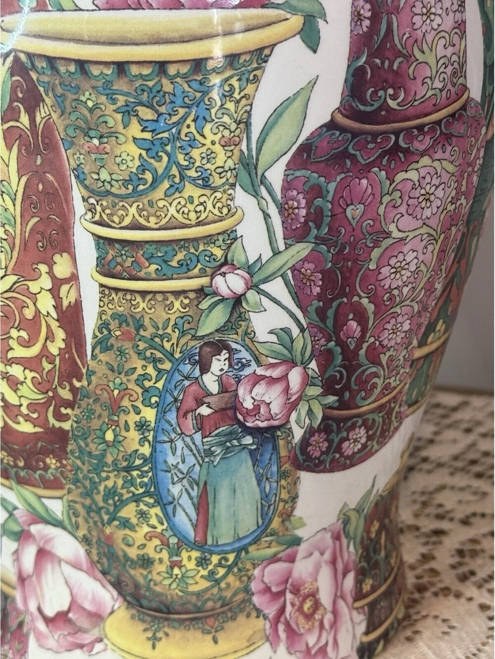 Hand Painted Rose Medallion Porcelain Vase 13”h x 7